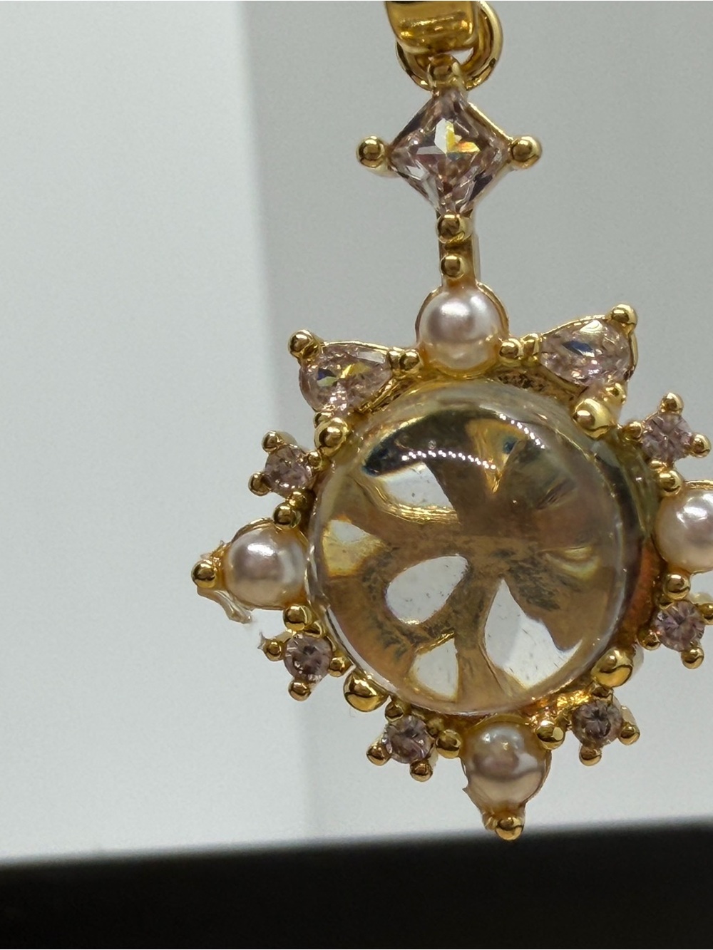 Gold-Tone Sunburst Pendant Necklace with Pink Crystals and Pearls